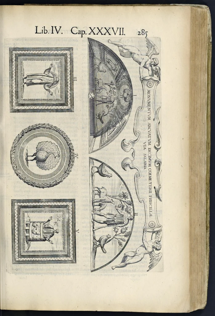 An illustration from Roma svbterranea novissima : in qva post Antonivm Bosivm antesignanvm, Io. Severanvm congreg. oratorii presbytervm, et celebres alios scriptores : antiqva Christianorvm et praecipue martyrun cœmeteria, titvli, monimenta, epitaphia, inscriptiones ac nobiliora sanctorvm sepvlchra, sex libris distincta illustrantvr et qvamplvrimae res ecclesiasticae iconibvs graphice describuntur, ac multiplici tum sacra, tum profana eruditione declarantur : cum duplici indice, capitum & rerum locupletissimo : opera et stvdio, 1651, leaf 304