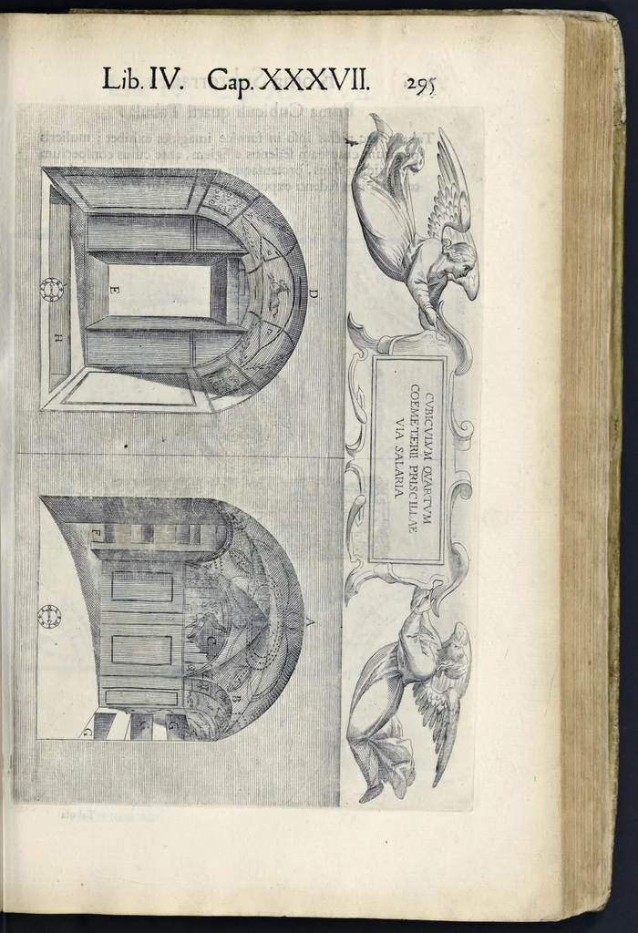 An illustration from Roma svbterranea novissima : in qva post Antonivm Bosivm antesignanvm, Io. Severanvm congreg. oratorii presbytervm, et celebres alios scriptores : antiqva Christianorvm et praecipue martyrun cœmeteria, titvli, monimenta, epitaphia, inscriptiones ac nobiliora sanctorvm sepvlchra, sex libris distincta illustrantvr et qvamplvrimae res ecclesiasticae iconibvs graphice describuntur, ac multiplici tum sacra, tum profana eruditione declarantur : cum duplici indice, capitum & rerum locupletissimo : opera et stvdio, 1651, leaf 314