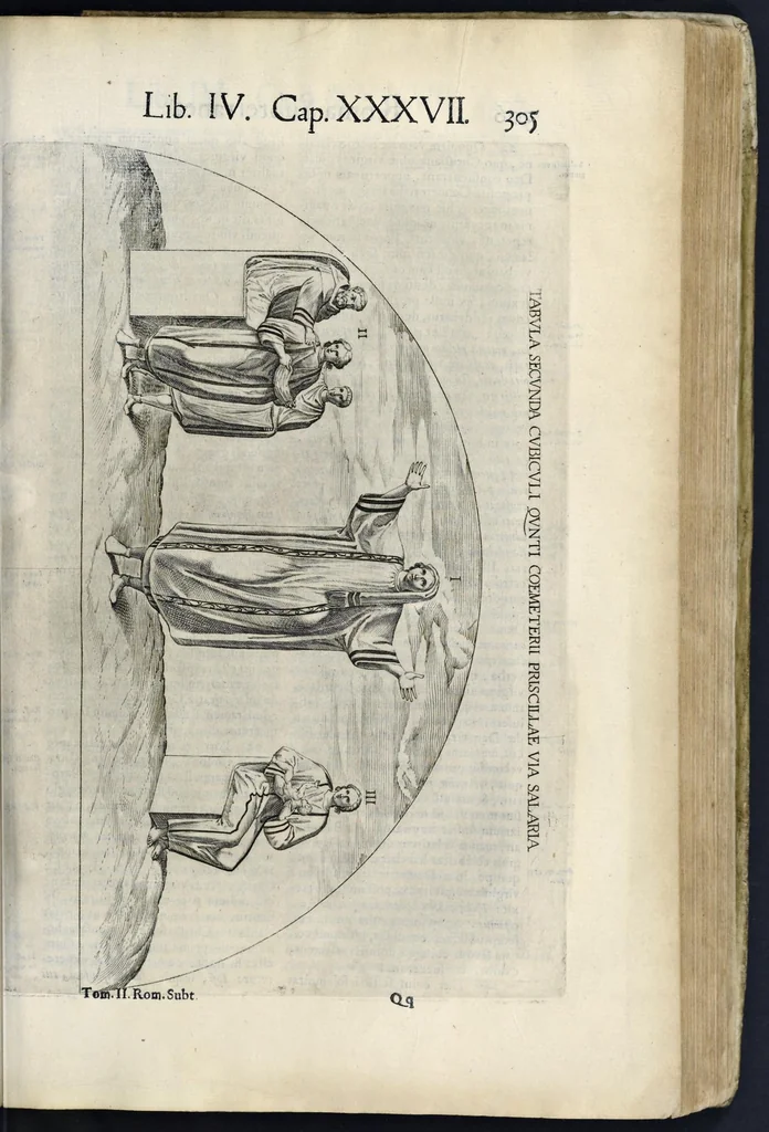 An illustration from Roma svbterranea novissima : in qva post Antonivm Bosivm antesignanvm, Io. Severanvm congreg. oratorii presbytervm, et celebres alios scriptores : antiqva Christianorvm et praecipue martyrun cœmeteria, titvli, monimenta, epitaphia, inscriptiones ac nobiliora sanctorvm sepvlchra, sex libris distincta illustrantvr et qvamplvrimae res ecclesiasticae iconibvs graphice describuntur, ac multiplici tum sacra, tum profana eruditione declarantur : cum duplici indice, capitum & rerum locupletissimo : opera et stvdio, 1651, leaf 324