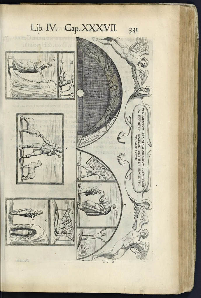 An illustration from Roma svbterranea novissima : in qva post Antonivm Bosivm antesignanvm, Io. Severanvm congreg. oratorii presbytervm, et celebres alios scriptores : antiqva Christianorvm et praecipue martyrun cœmeteria, titvli, monimenta, epitaphia, inscriptiones ac nobiliora sanctorvm sepvlchra, sex libris distincta illustrantvr et qvamplvrimae res ecclesiasticae iconibvs graphice describuntur, ac multiplici tum sacra, tum profana eruditione declarantur : cum duplici indice, capitum & rerum locupletissimo : opera et stvdio, 1651, leaf 350