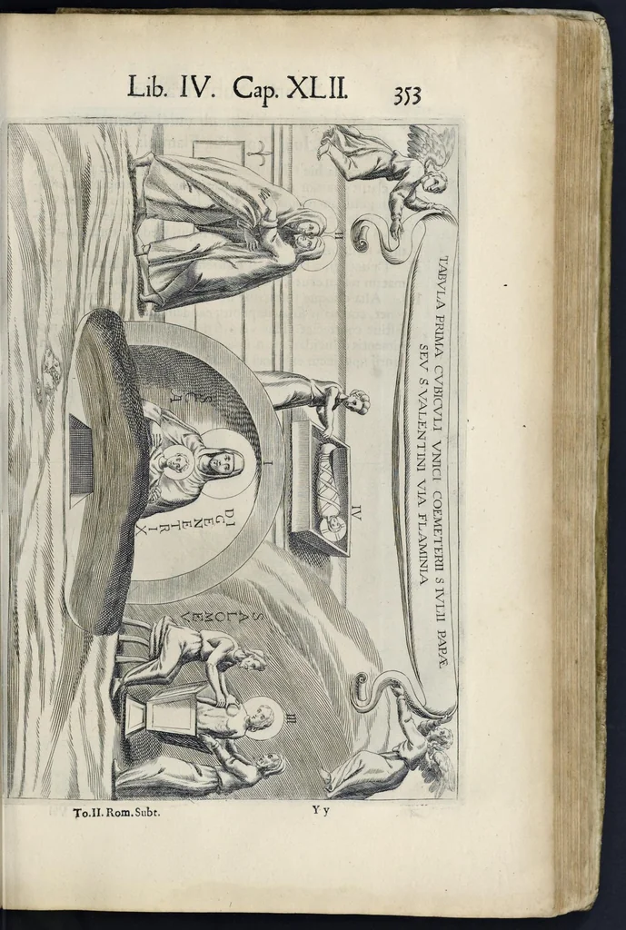 An illustration from Roma svbterranea novissima : in qva post Antonivm Bosivm antesignanvm, Io. Severanvm congreg. oratorii presbytervm, et celebres alios scriptores : antiqva Christianorvm et praecipue martyrun cœmeteria, titvli, monimenta, epitaphia, inscriptiones ac nobiliora sanctorvm sepvlchra, sex libris distincta illustrantvr et qvamplvrimae res ecclesiasticae iconibvs graphice describuntur, ac multiplici tum sacra, tum profana eruditione declarantur : cum duplici indice, capitum & rerum locupletissimo : opera et stvdio, 1651, leaf 372