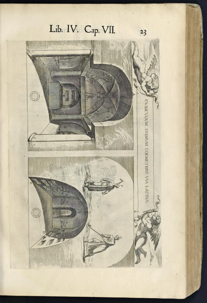 An illustration from Roma svbterranea novissima : in qva post Antonivm Bosivm antesignanvm, Io. Severanvm congreg. oratorii presbytervm, et celebres alios scriptores : antiqva Christianorvm et praecipue martyrun cœmeteria, titvli, monimenta, epitaphia, inscriptiones ac nobiliora sanctorvm sepvlchra, sex libris distincta illustrantvr et qvamplvrimae res ecclesiasticae iconibvs graphice describuntur, ac multiplici tum sacra, tum profana eruditione declarantur : cum duplici indice, capitum & rerum locupletissimo : opera et stvdio, 1651, leaf 38