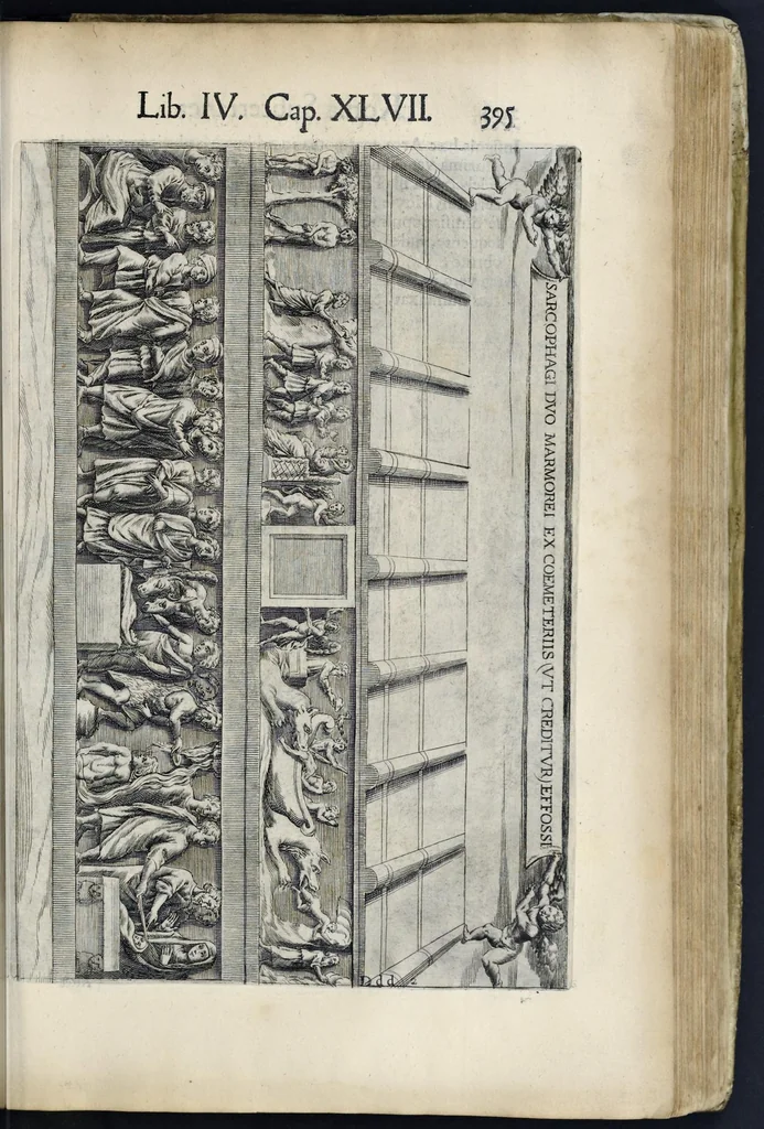 An illustration from Roma svbterranea novissima : in qva post Antonivm Bosivm antesignanvm, Io. Severanvm congreg. oratorii presbytervm, et celebres alios scriptores : antiqva Christianorvm et praecipue martyrun cœmeteria, titvli, monimenta, epitaphia, inscriptiones ac nobiliora sanctorvm sepvlchra, sex libris distincta illustrantvr et qvamplvrimae res ecclesiasticae iconibvs graphice describuntur, ac multiplici tum sacra, tum profana eruditione declarantur : cum duplici indice, capitum & rerum locupletissimo : opera et stvdio, 1651, leaf 418