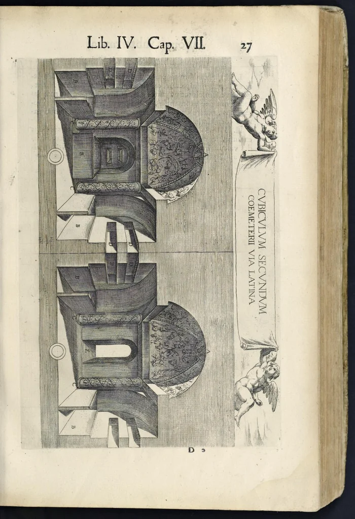 An illustration from Roma svbterranea novissima : in qva post Antonivm Bosivm antesignanvm, Io. Severanvm congreg. oratorii presbytervm, et celebres alios scriptores : antiqva Christianorvm et praecipue martyrun cœmeteria, titvli, monimenta, epitaphia, inscriptiones ac nobiliora sanctorvm sepvlchra, sex libris distincta illustrantvr et qvamplvrimae res ecclesiasticae iconibvs graphice describuntur, ac multiplici tum sacra, tum profana eruditione declarantur : cum duplici indice, capitum & rerum locupletissimo : opera et stvdio, 1651, leaf 42