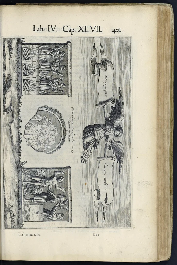 An illustration from Roma svbterranea novissima : in qva post Antonivm Bosivm antesignanvm, Io. Severanvm congreg. oratorii presbytervm, et celebres alios scriptores : antiqva Christianorvm et praecipue martyrun cœmeteria, titvli, monimenta, epitaphia, inscriptiones ac nobiliora sanctorvm sepvlchra, sex libris distincta illustrantvr et qvamplvrimae res ecclesiasticae iconibvs graphice describuntur, ac multiplici tum sacra, tum profana eruditione declarantur : cum duplici indice, capitum & rerum locupletissimo : opera et stvdio, 1651, leaf 424