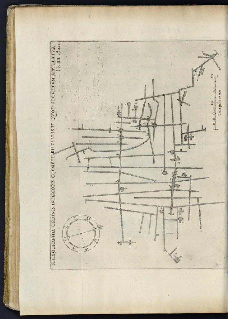 An illustration from Roma svbterranea novissima : in qva post Antonivm Bosivm antesignanvm, Io. Severanvm congreg. oratorii presbytervm, et celebres alios scriptores : antiqva Christianorvm et praecipue martyrun cœmeteria, titvli, monimenta, epitaphia, inscriptiones ac nobiliora sanctorvm sepvlchra, sex libris distincta illustrantvr et qvamplvrimae res ecclesiasticae iconibvs graphice describuntur, ac multiplici tum sacra, tum profana eruditione declarantur : cum duplici indice, capitum & rerum locupletissimo : opera et stvdio, 1651, leaf 439