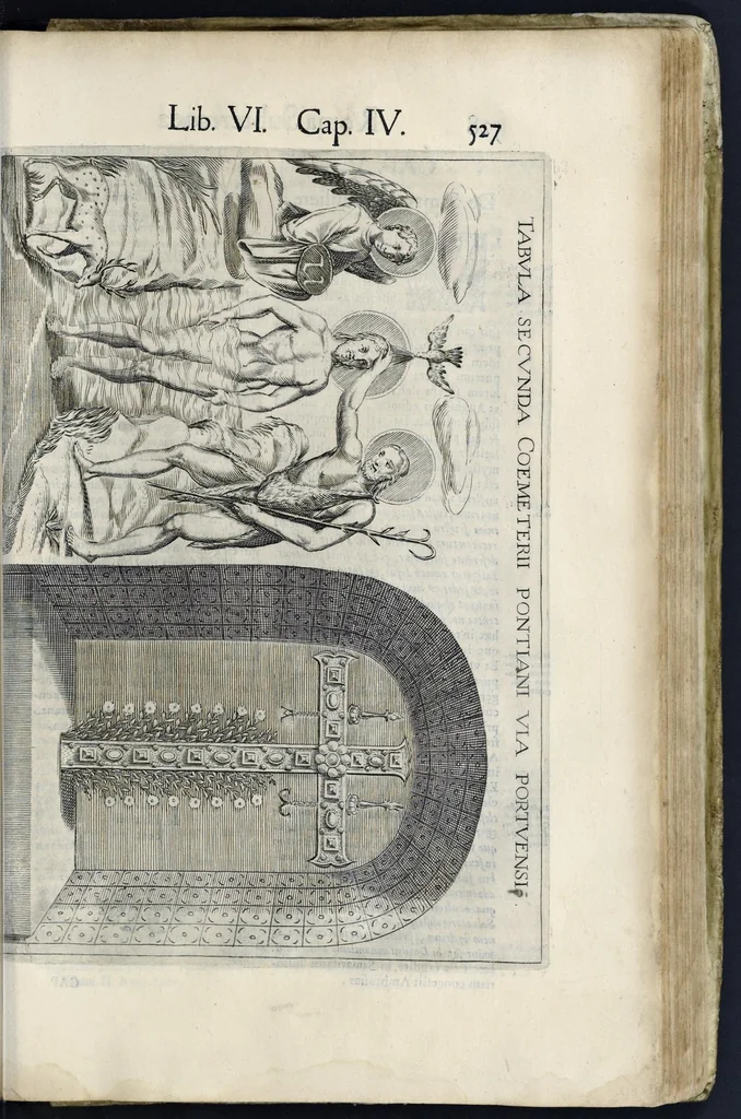 An illustration from Roma svbterranea novissima : in qva post Antonivm Bosivm antesignanvm, Io. Severanvm congreg. oratorii presbytervm, et celebres alios scriptores : antiqva Christianorvm et praecipue martyrun cœmeteria, titvli, monimenta, epitaphia, inscriptiones ac nobiliora sanctorvm sepvlchra, sex libris distincta illustrantvr et qvamplvrimae res ecclesiasticae iconibvs graphice describuntur, ac multiplici tum sacra, tum profana eruditione declarantur : cum duplici indice, capitum & rerum locupletissimo : opera et stvdio, 1651, leaf 568