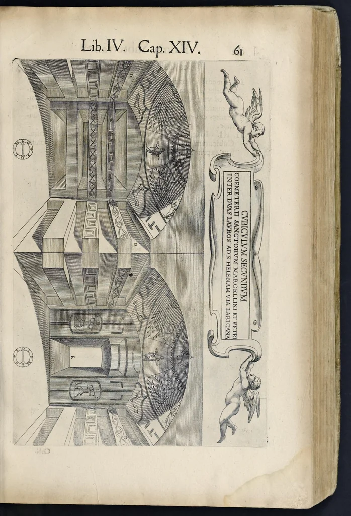 An illustration from Roma svbterranea novissima : in qva post Antonivm Bosivm antesignanvm, Io. Severanvm congreg. oratorii presbytervm, et celebres alios scriptores : antiqva Christianorvm et praecipue martyrun cœmeteria, titvli, monimenta, epitaphia, inscriptiones ac nobiliora sanctorvm sepvlchra, sex libris distincta illustrantvr et qvamplvrimae res ecclesiasticae iconibvs graphice describuntur, ac multiplici tum sacra, tum profana eruditione declarantur : cum duplici indice, capitum & rerum locupletissimo : opera et stvdio, 1651, leaf 76