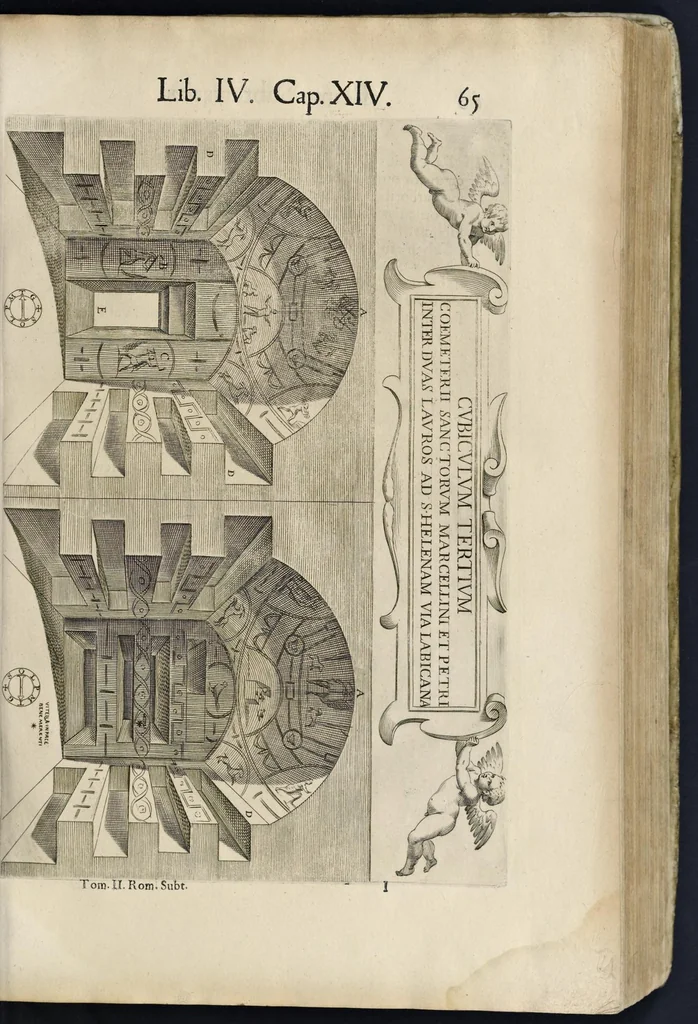 An illustration from Roma svbterranea novissima : in qva post Antonivm Bosivm antesignanvm, Io. Severanvm congreg. oratorii presbytervm, et celebres alios scriptores : antiqva Christianorvm et praecipue martyrun cœmeteria, titvli, monimenta, epitaphia, inscriptiones ac nobiliora sanctorvm sepvlchra, sex libris distincta illustrantvr et qvamplvrimae res ecclesiasticae iconibvs graphice describuntur, ac multiplici tum sacra, tum profana eruditione declarantur : cum duplici indice, capitum & rerum locupletissimo : opera et stvdio, 1651, leaf 80