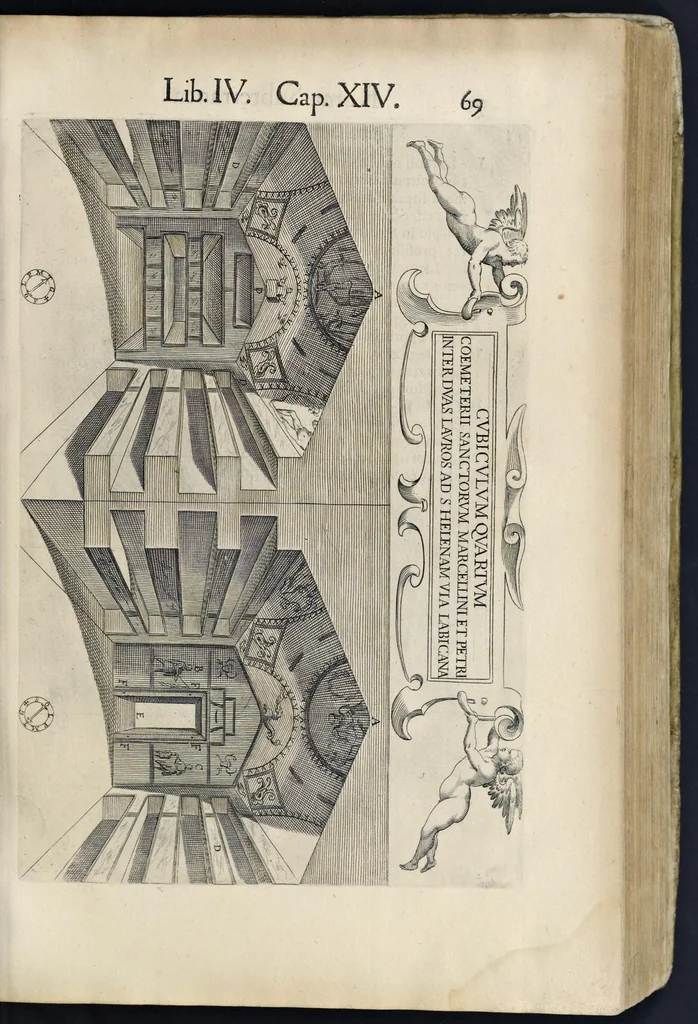 An illustration from Roma svbterranea novissima : in qva post Antonivm Bosivm antesignanvm, Io. Severanvm congreg. oratorii presbytervm, et celebres alios scriptores : antiqva Christianorvm et praecipue martyrun cœmeteria, titvli, monimenta, epitaphia, inscriptiones ac nobiliora sanctorvm sepvlchra, sex libris distincta illustrantvr et qvamplvrimae res ecclesiasticae iconibvs graphice describuntur, ac multiplici tum sacra, tum profana eruditione declarantur : cum duplici indice, capitum & rerum locupletissimo : opera et stvdio, 1651, leaf 84