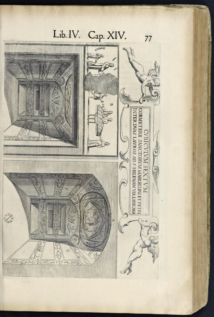 An illustration from Roma svbterranea novissima : in qva post Antonivm Bosivm antesignanvm, Io. Severanvm congreg. oratorii presbytervm, et celebres alios scriptores : antiqva Christianorvm et praecipue martyrun cœmeteria, titvli, monimenta, epitaphia, inscriptiones ac nobiliora sanctorvm sepvlchra, sex libris distincta illustrantvr et qvamplvrimae res ecclesiasticae iconibvs graphice describuntur, ac multiplici tum sacra, tum profana eruditione declarantur : cum duplici indice, capitum & rerum locupletissimo : opera et stvdio, 1651, leaf 92