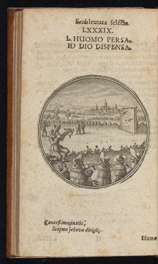 An illustration from Centuria exquisitissimorum symbolorum et emblematum : historiarum sacro-prophanarum moralium & politicarum cultoribus perquam utilis & necessaria : ex eruditissimis prisci & moderni saeculi auctoribus collecta, quae propter illorum praestantiam tanquam continuatio famosi Joachimi Camerarii intitulari potest, 1680, leaf 181