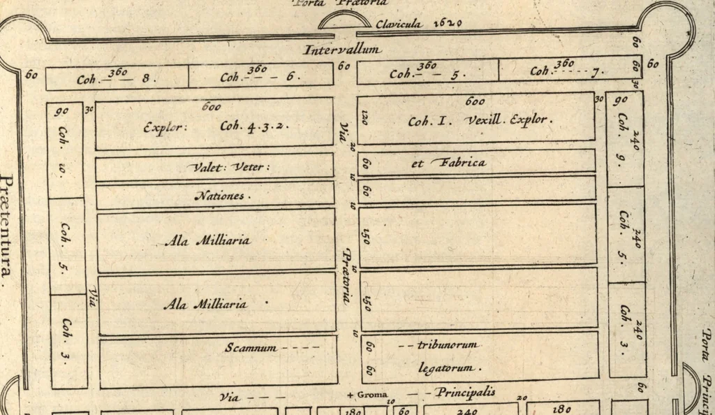 An illustration from Hygini Gromatici et Polybii Megalopolitani De castris romanis, quae exstant : cum notis & animadversionibus, quibus accedunt dissertationes aliquot de re eadem militari populi Romani, 1660, leaf 442