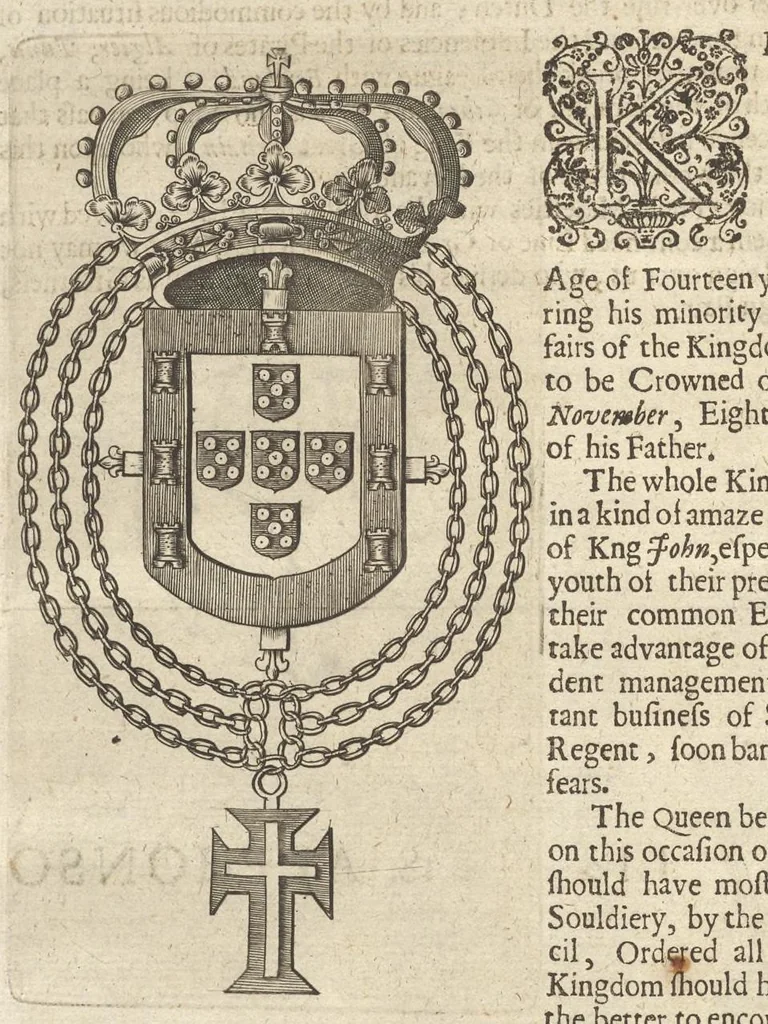 An illustration from A genealogical history of the kings of Portugal : And of all those illustrious houses that in masculine line are branched from that royal family. Containing a discourse of their several lives, marriages, and issues, times of birth, death, and places of burial. With their armes and emblazons according to their several alterations, as also their symboles and mottoes, all engraven in copper-plates, 1662, leaf 155