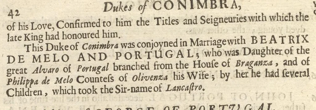 An illustration from A genealogical history of the kings of Portugal : And of all those illustrious houses that in masculine line are branched from that royal family. Containing a discourse of their several lives, marriages, and issues, times of birth, death, and places of burial. With their armes and emblazons according to their several alterations, as also their symboles and mottoes, all engraven in copper-plates, 1662, leaf 207