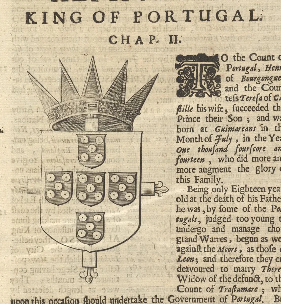 An illustration from A genealogical history of the kings of Portugal : And of all those illustrious houses that in masculine line are branched from that royal family. Containing a discourse of their several lives, marriages, and issues, times of birth, death, and places of burial. With their armes and emblazons according to their several alterations, as also their symboles and mottoes, all engraven in copper-plates, 1662, leaf 22