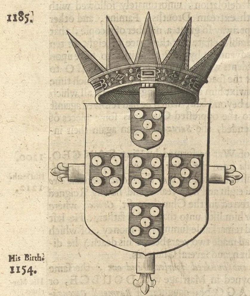 An illustration from A genealogical history of the kings of Portugal : And of all those illustrious houses that in masculine line are branched from that royal family. Containing a discourse of their several lives, marriages, and issues, times of birth, death, and places of burial. With their armes and emblazons according to their several alterations, as also their symboles and mottoes, all engraven in copper-plates, 1662, leaf 26
