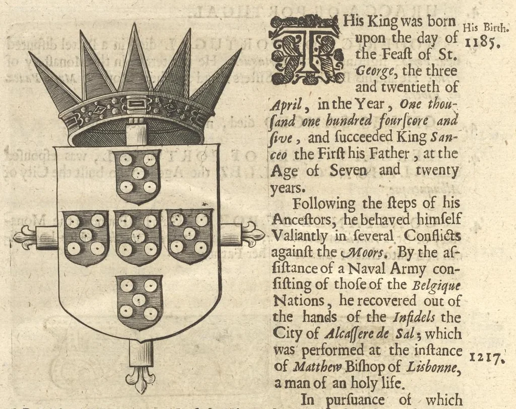 An illustration from A genealogical history of the kings of Portugal : And of all those illustrious houses that in masculine line are branched from that royal family. Containing a discourse of their several lives, marriages, and issues, times of birth, death, and places of burial. With their armes and emblazons according to their several alterations, as also their symboles and mottoes, all engraven in copper-plates, 1662, leaf 33