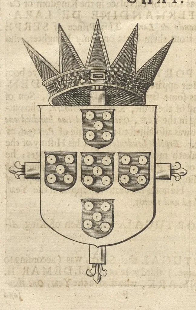 An illustration from A genealogical history of the kings of Portugal : And of all those illustrious houses that in masculine line are branched from that royal family. Containing a discourse of their several lives, marriages, and issues, times of birth, death, and places of burial. With their armes and emblazons according to their several alterations, as also their symboles and mottoes, all engraven in copper-plates, 1662, leaf 35