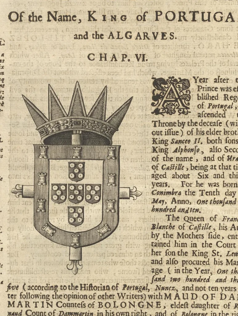 An illustration from A genealogical history of the kings of Portugal : And of all those illustrious houses that in masculine line are branched from that royal family. Containing a discourse of their several lives, marriages, and issues, times of birth, death, and places of burial. With their armes and emblazons according to their several alterations, as also their symboles and mottoes, all engraven in copper-plates, 1662, leaf 37