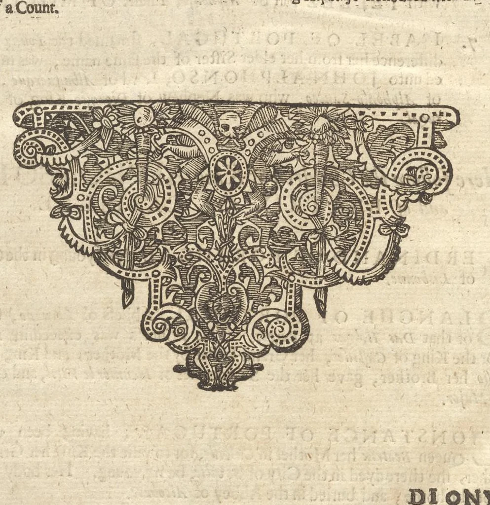 An illustration from A genealogical history of the kings of Portugal : And of all those illustrious houses that in masculine line are branched from that royal family. Containing a discourse of their several lives, marriages, and issues, times of birth, death, and places of burial. With their armes and emblazons according to their several alterations, as also their symboles and mottoes, all engraven in copper-plates, 1662, leaf 41