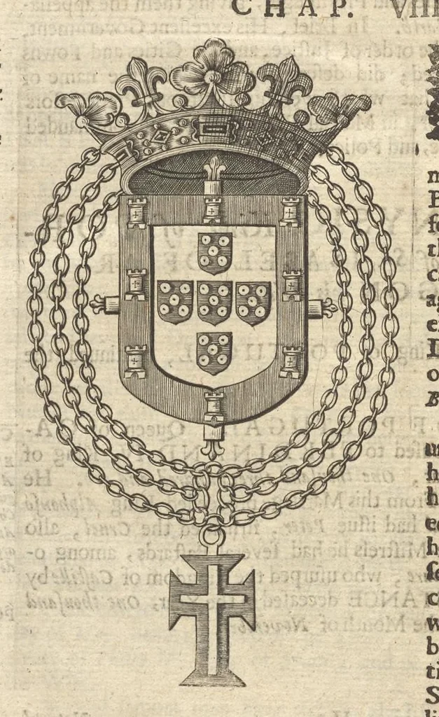 An illustration from A genealogical history of the kings of Portugal : And of all those illustrious houses that in masculine line are branched from that royal family. Containing a discourse of their several lives, marriages, and issues, times of birth, death, and places of burial. With their armes and emblazons according to their several alterations, as also their symboles and mottoes, all engraven in copper-plates, 1662, leaf 45