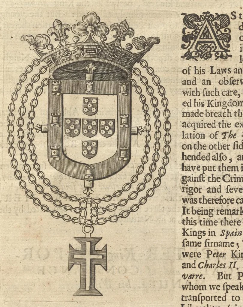 An illustration from A genealogical history of the kings of Portugal : And of all those illustrious houses that in masculine line are branched from that royal family. Containing a discourse of their several lives, marriages, and issues, times of birth, death, and places of burial. With their armes and emblazons according to their several alterations, as also their symboles and mottoes, all engraven in copper-plates, 1662, leaf 48