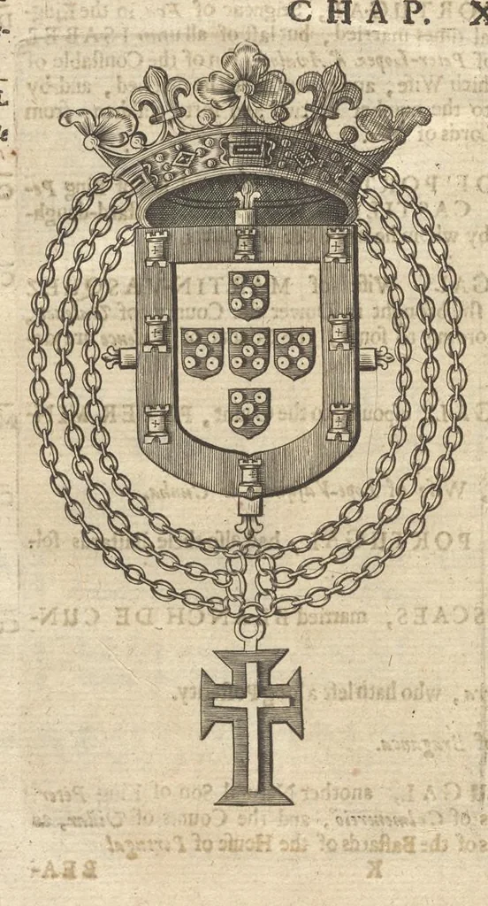 An illustration from A genealogical history of the kings of Portugal : And of all those illustrious houses that in masculine line are branched from that royal family. Containing a discourse of their several lives, marriages, and issues, times of birth, death, and places of burial. With their armes and emblazons according to their several alterations, as also their symboles and mottoes, all engraven in copper-plates, 1662, leaf 51
