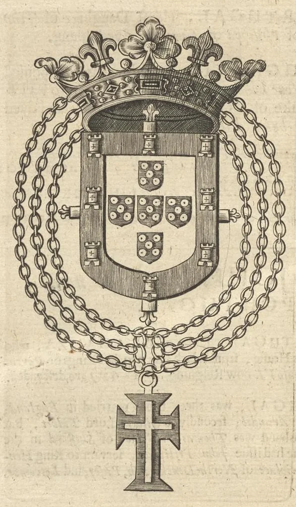 An illustration from A genealogical history of the kings of Portugal : And of all those illustrious houses that in masculine line are branched from that royal family. Containing a discourse of their several lives, marriages, and issues, times of birth, death, and places of burial. With their armes and emblazons according to their several alterations, as also their symboles and mottoes, all engraven in copper-plates, 1662, leaf 63