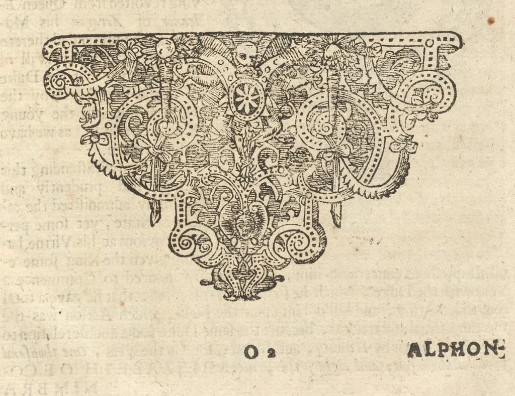 An illustration from A genealogical history of the kings of Portugal : And of all those illustrious houses that in masculine line are branched from that royal family. Containing a discourse of their several lives, marriages, and issues, times of birth, death, and places of burial. With their armes and emblazons according to their several alterations, as also their symboles and mottoes, all engraven in copper-plates, 1662, leaf 68