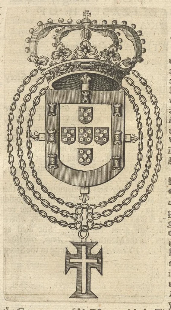 An illustration from A genealogical history of the kings of Portugal : And of all those illustrious houses that in masculine line are branched from that royal family. Containing a discourse of their several lives, marriages, and issues, times of birth, death, and places of burial. With their armes and emblazons according to their several alterations, as also their symboles and mottoes, all engraven in copper-plates, 1662, leaf 73