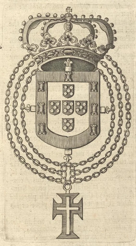 An illustration from A genealogical history of the kings of Portugal : And of all those illustrious houses that in masculine line are branched from that royal family. Containing a discourse of their several lives, marriages, and issues, times of birth, death, and places of burial. With their armes and emblazons according to their several alterations, as also their symboles and mottoes, all engraven in copper-plates, 1662, leaf 88