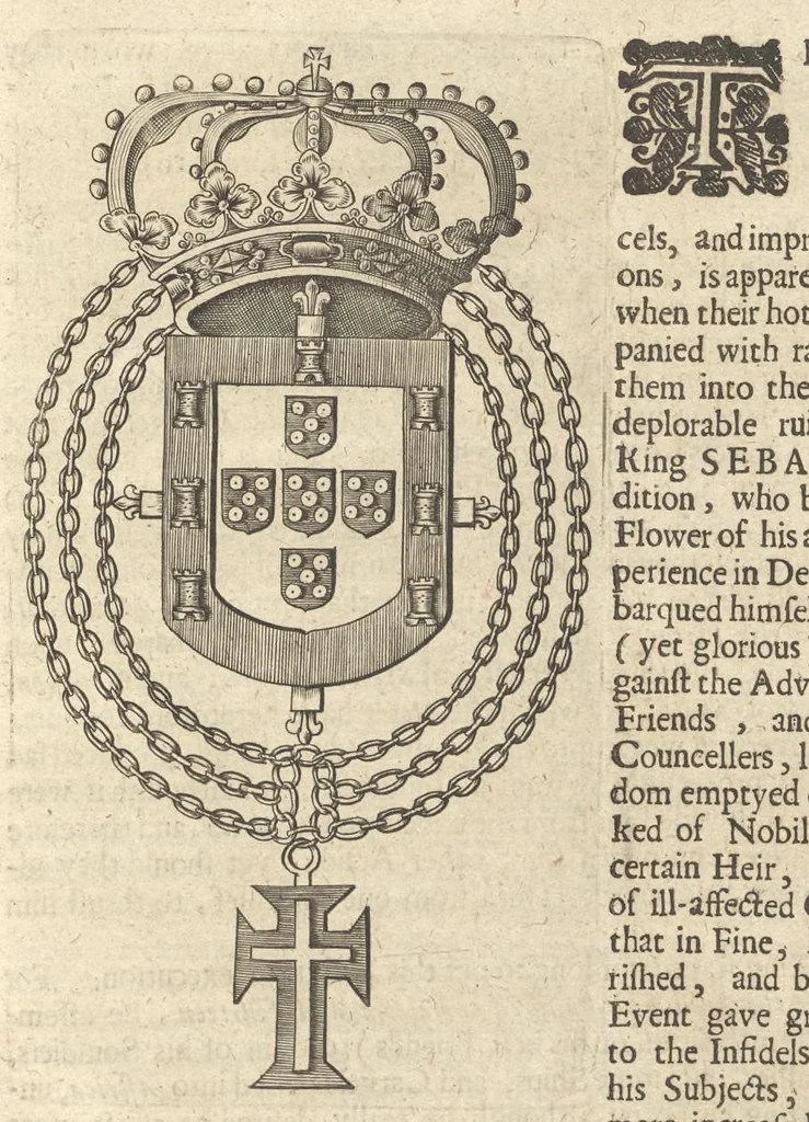 An illustration from A genealogical history of the kings of Portugal : And of all those illustrious houses that in masculine line are branched from that royal family. Containing a discourse of their several lives, marriages, and issues, times of birth, death, and places of burial. With their armes and emblazons according to their several alterations, as also their symboles and mottoes, all engraven in copper-plates, 1662, leaf 92