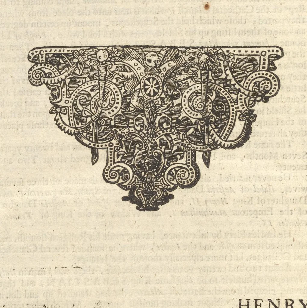 An illustration from A genealogical history of the kings of Portugal : And of all those illustrious houses that in masculine line are branched from that royal family. Containing a discourse of their several lives, marriages, and issues, times of birth, death, and places of burial. With their armes and emblazons according to their several alterations, as also their symboles and mottoes, all engraven in copper-plates, 1662, leaf 97