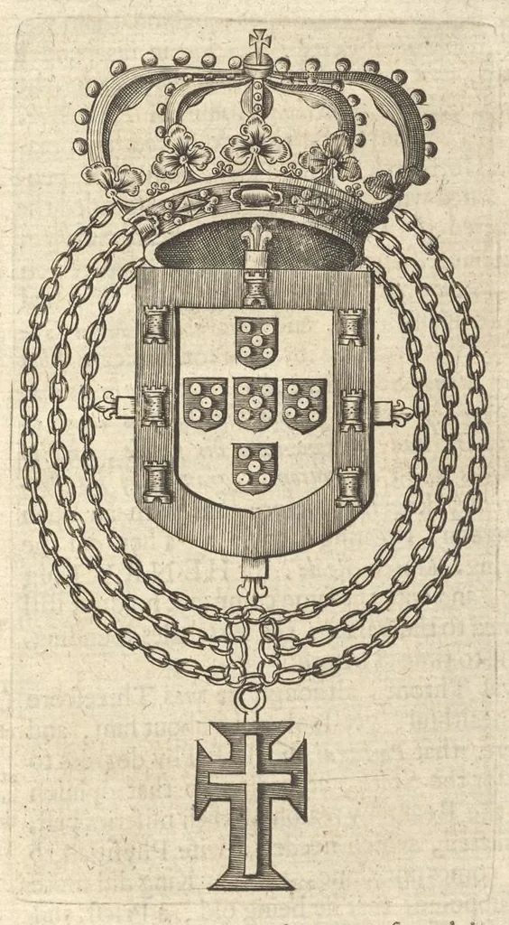 An illustration from A genealogical history of the kings of Portugal : And of all those illustrious houses that in masculine line are branched from that royal family. Containing a discourse of their several lives, marriages, and issues, times of birth, death, and places of burial. With their armes and emblazons according to their several alterations, as also their symboles and mottoes, all engraven in copper-plates, 1662, leaf 98