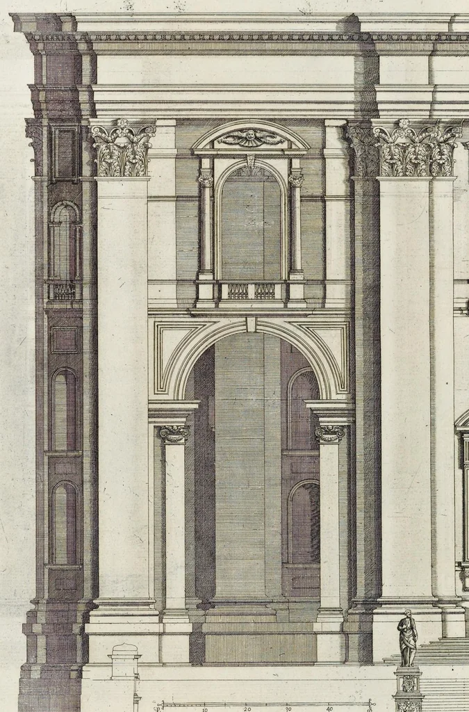 An illustration from Architettura della basilica di S. Pietro in Vaticano : Opera di Bramante Lazzari, Michel'Angelo Bonarota, Carlo Maderni, e altri famosi architetti, 1684, leaf 105