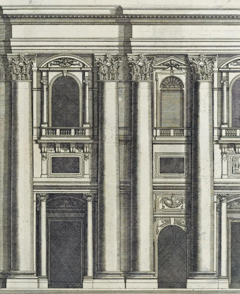 An illustration from Architettura della basilica di S. Pietro in Vaticano : Opera di Bramante Lazzari, Michel'Angelo Bonarota, Carlo Maderni, e altri famosi architetti, 1684, leaf 106