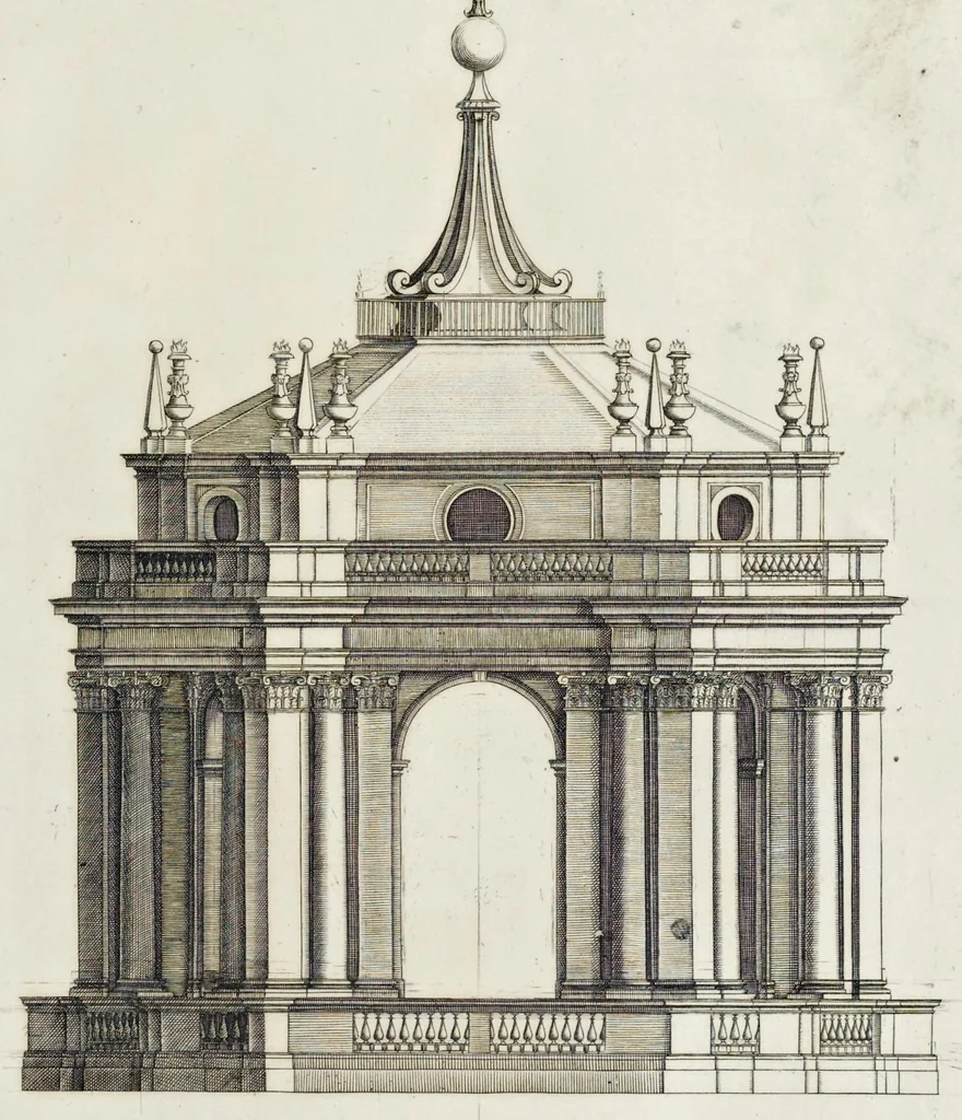 An illustration from Architettura della basilica di S. Pietro in Vaticano : Opera di Bramante Lazzari, Michel'Angelo Bonarota, Carlo Maderni, e altri famosi architetti, 1684, leaf 112