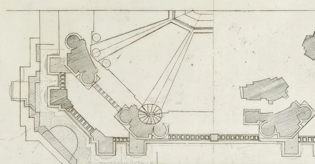 An illustration from Architettura della basilica di S. Pietro in Vaticano : Opera di Bramante Lazzari, Michel'Angelo Bonarota, Carlo Maderni, e altri famosi architetti, 1684, leaf 112