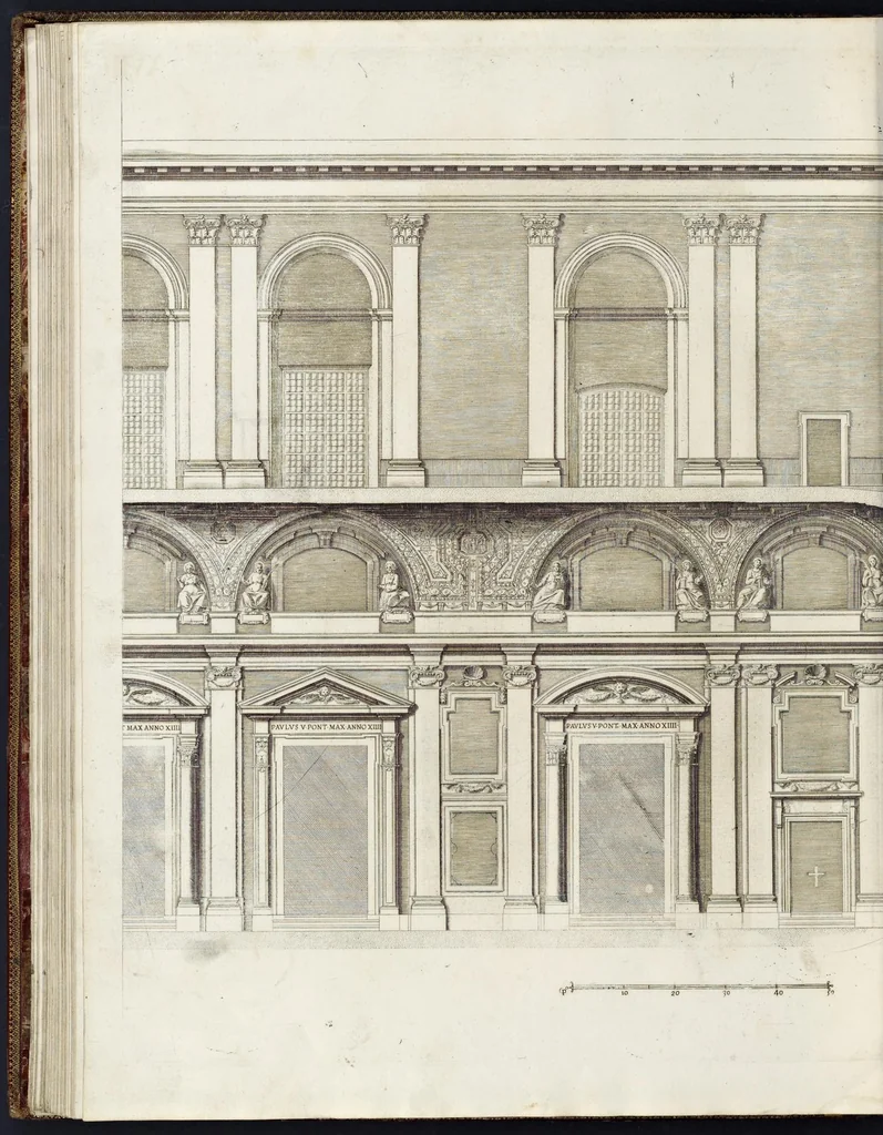 An illustration from Architettura della basilica di S. Pietro in Vaticano : Opera di Bramante Lazzari, Michel'Angelo Bonarota, Carlo Maderni, e altri famosi architetti, 1684, leaf 115