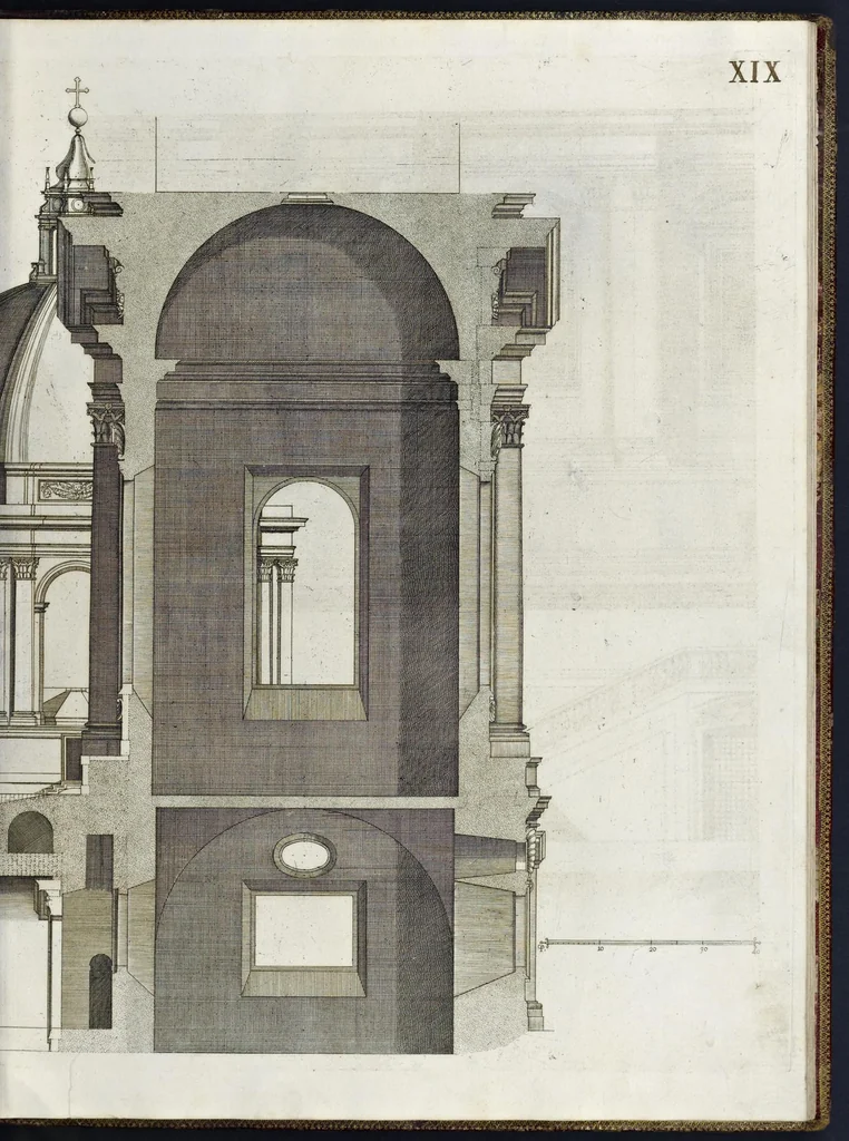 An illustration from Architettura della basilica di S. Pietro in Vaticano : Opera di Bramante Lazzari, Michel'Angelo Bonarota, Carlo Maderni, e altri famosi architetti, 1684, leaf 120