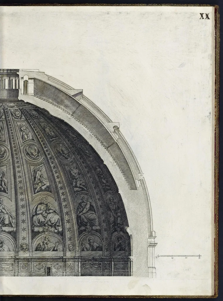 An illustration from Architettura della basilica di S. Pietro in Vaticano : Opera di Bramante Lazzari, Michel'Angelo Bonarota, Carlo Maderni, e altri famosi architetti, 1684, leaf 124
