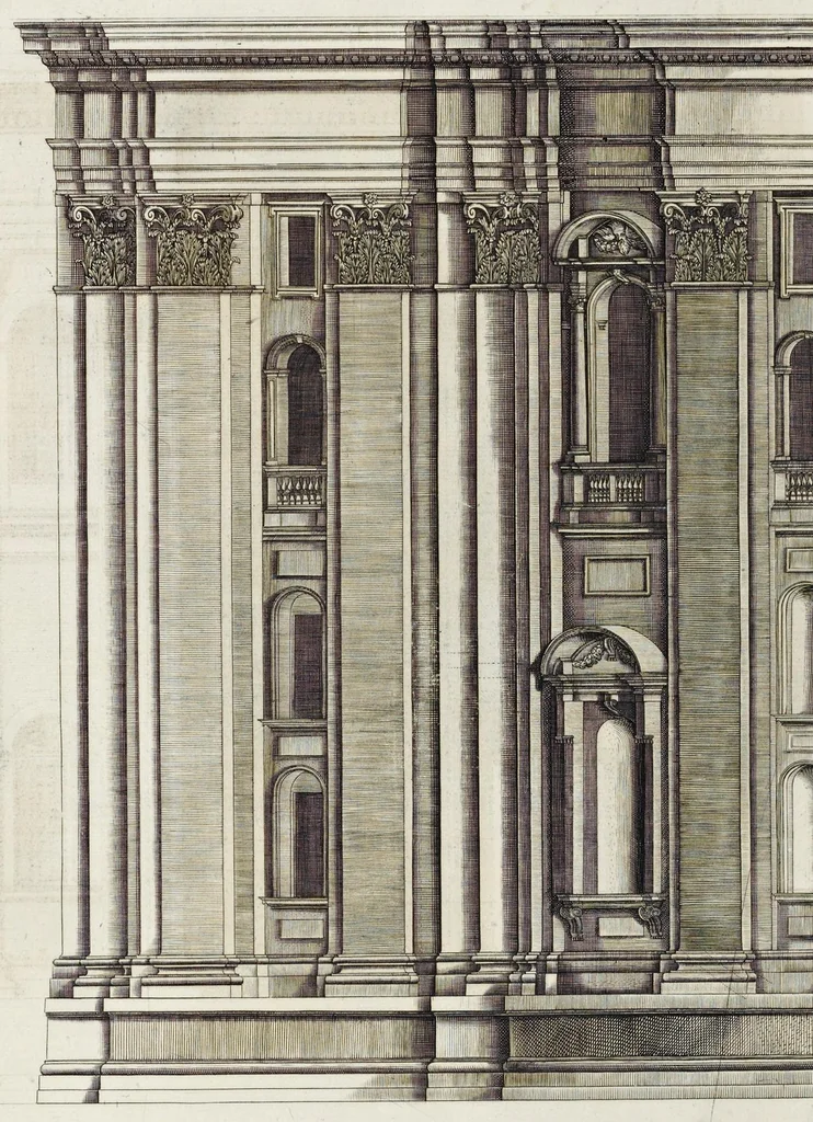 An illustration from Architettura della basilica di S. Pietro in Vaticano : Opera di Bramante Lazzari, Michel'Angelo Bonarota, Carlo Maderni, e altri famosi architetti, 1684, leaf 129