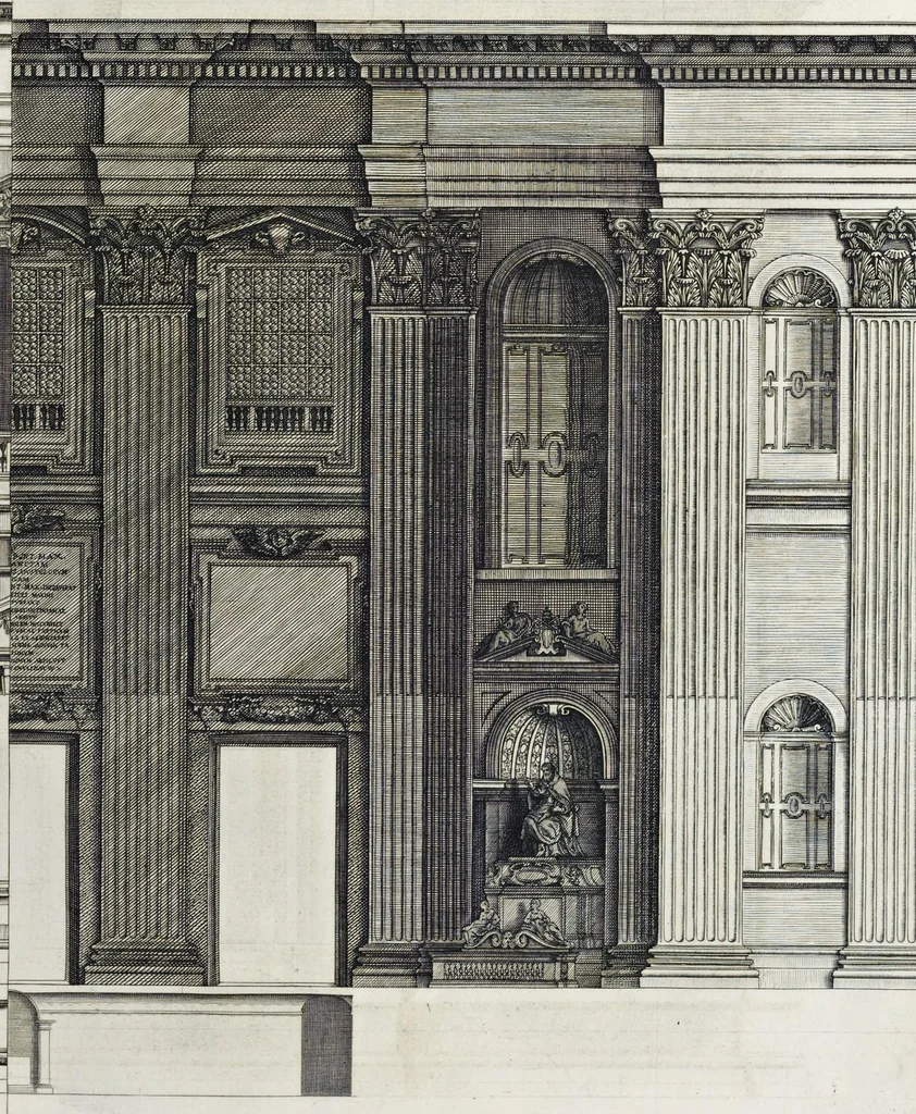 An illustration from Architettura della basilica di S. Pietro in Vaticano : Opera di Bramante Lazzari, Michel'Angelo Bonarota, Carlo Maderni, e altri famosi architetti, 1684, leaf 130