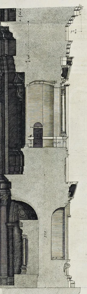 An illustration from Architettura della basilica di S. Pietro in Vaticano : Opera di Bramante Lazzari, Michel'Angelo Bonarota, Carlo Maderni, e altri famosi architetti, 1684, leaf 134