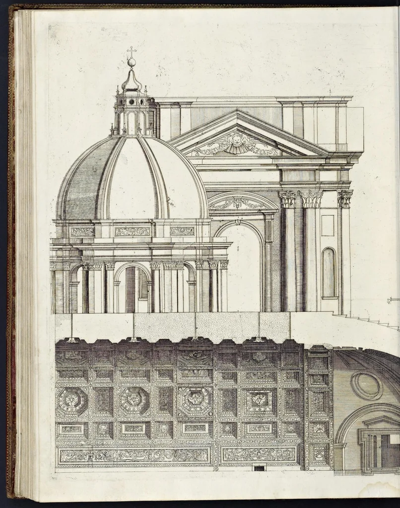 An illustration from Architettura della basilica di S. Pietro in Vaticano : Opera di Bramante Lazzari, Michel'Angelo Bonarota, Carlo Maderni, e altri famosi architetti, 1684, leaf 137