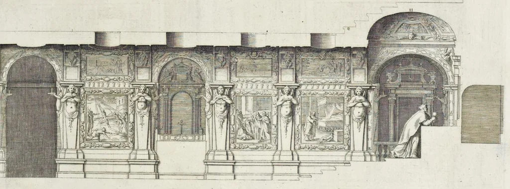 An illustration from Architettura della basilica di S. Pietro in Vaticano : Opera di Bramante Lazzari, Michel'Angelo Bonarota, Carlo Maderni, e altri famosi architetti, 1684, leaf 146