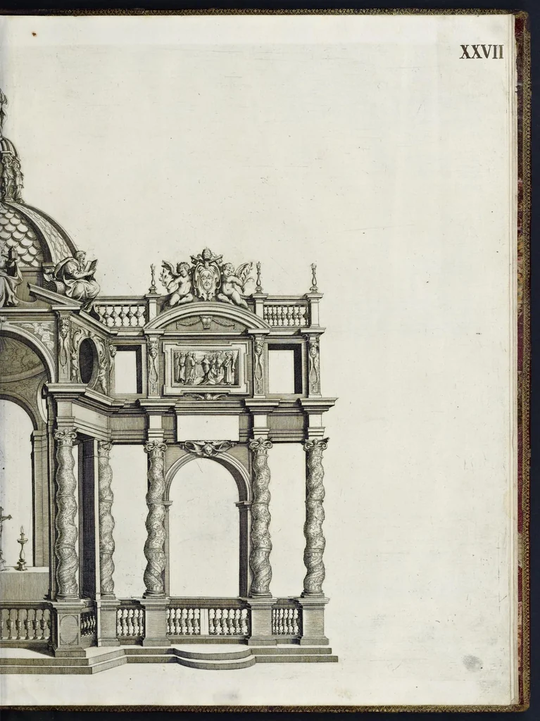 An illustration from Architettura della basilica di S. Pietro in Vaticano : Opera di Bramante Lazzari, Michel'Angelo Bonarota, Carlo Maderni, e altri famosi architetti, 1684, leaf 150