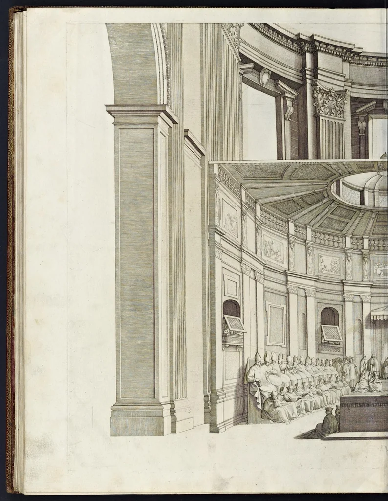 An illustration from Architettura della basilica di S. Pietro in Vaticano : Opera di Bramante Lazzari, Michel'Angelo Bonarota, Carlo Maderni, e altri famosi architetti, 1684, leaf 155