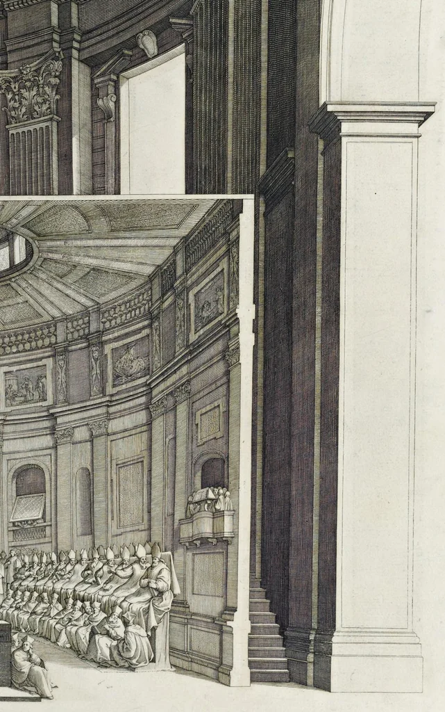 An illustration from Architettura della basilica di S. Pietro in Vaticano : Opera di Bramante Lazzari, Michel'Angelo Bonarota, Carlo Maderni, e altri famosi architetti, 1684, leaf 156